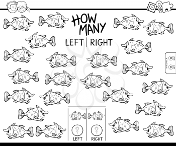 Black and White Cartoon Illustration of Educational Game of Counting Left and Right Picture for Children with Fish Character Coloring Book