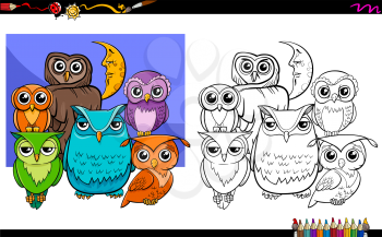 Cartoon Illustration of Owls Bird Characters Group Coloring Book Activity
