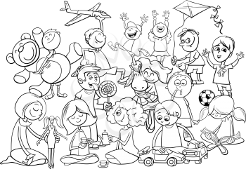 Black and White Cartoon Illustration of Children Characters Group Playing with Toys Coloring Book