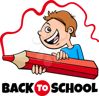 Cartoon Illustration of Elementary or Kid Boy Character with Big Crayon and Back to School Sign