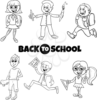 Black and White Cartoon Illustration of Elementary or Teen Age Kids Characters Set with Back to School Sign