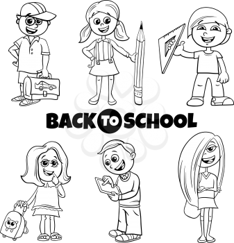 Black and White Cartoon Illustration of Elementary or Teen Age Girls and Boys Characters Set with Back to School Sign