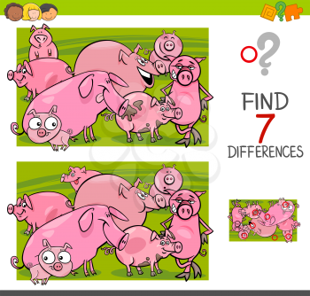 Cartoon Illustration of Finding Seven Differences Between Pictures Educational Activity Game for Kids with Pigs Farm Animal Characters Group