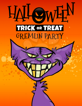 Cartoon Illustration of Halloween Holiday Party Poster or Banner Design with Comic Gremlin Character