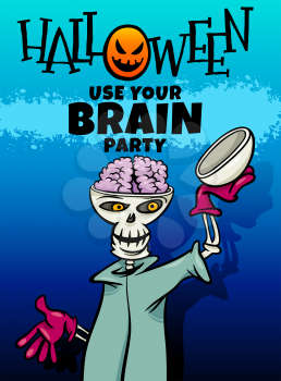 Cartoon Illustration of Halloween Holiday Party Poster or Banner Design with Comic Skeleton Character