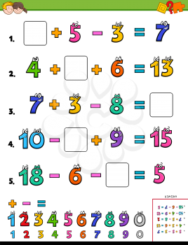 Cartoon Illustration of Educational Mathematical Calculation Worksheet for Elementary School Children