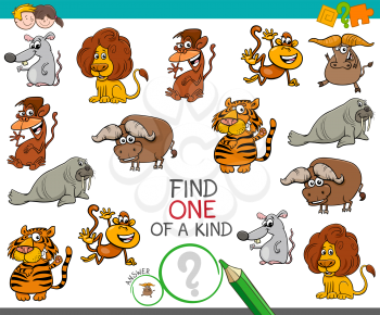 Cartoon Illustration of Find One of a Kind Picture Educational Activity Game for Children with Wild Animal Characters