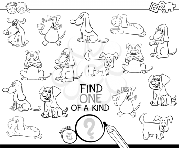 Black and White Cartoon Illustration of Find One of a Kind Picture Educational Activity Game for Children with Dogs Animal Characters Coloring Book