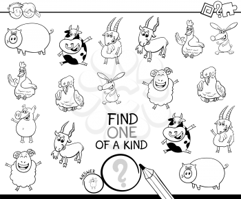 Black and White Cartoon Illustration of Find One of a Kind Picture Educational Activity Game for Children with Comic Farm Animal Characters Coloring Book