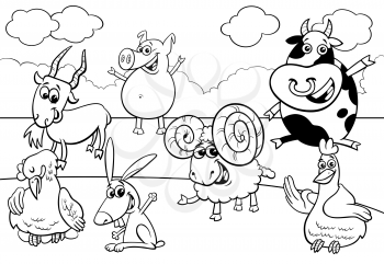 Black and White Cartoon Illustration of Happy Farm Animals Comic Characters Group Coloring Book Page