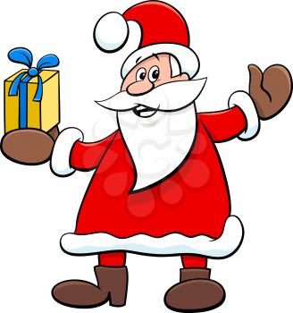 Cartoon Illustration of Funny Santa Claus Character with Present on Christmas Holiday Time