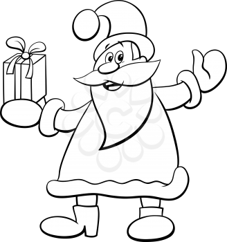 Black and White Cartoon Illustration of Funny Santa Claus Character with Present on Christmas Holiday Time Coloring Book Page