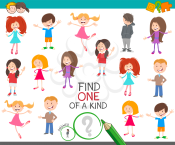 Cartoon Illustration of Find One of a Kind Picture Educational Activity Task with Children and Teen Characters