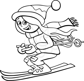 Black and White Cartoon Illustrations of Kid or Teen Girl Character on Ski on Winter Time Coloring Book Page