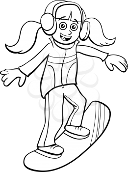 Black and White Cartoon Illustrations of Snowboarding Kid or Teen Girl Character on Winter Time Coloring Book Page