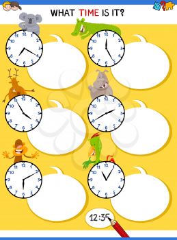 Cartoon Illustrations of Telling Time Educational Task with Clock Face and Animals for Kids