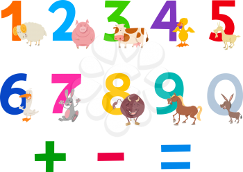 Cartoon Illustration of Numbers Set from Zero to Nine with Happy Farm Animal Characters