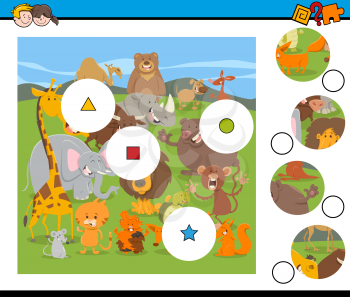 Cartoon Illustration of Educational Match the Elements Game for Children with Wild Animal Characters Group