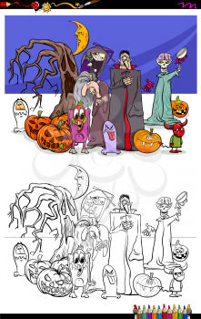 Cartoon Illustration of Halloween Characters Group Coloring Book Worksheet