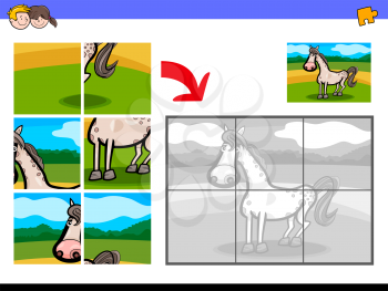 Cartoon Illustration of Educational Jigsaw Puzzle Activity Game for Children with Horse Farm Animal Character