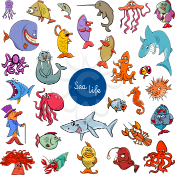 Cartoon Illustration of Sea Life Animal Characters Large Set