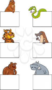 Cartoon Illustration of Animal Characters with White Greeting or Business Card Design Set