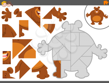Cartoon Illustration of Educational Jigsaw Puzzle Game for Children with Funny Brown Bear Animal Character