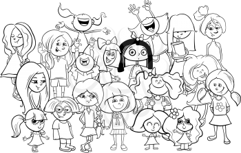 Black and White Cartoon Illustration of Elementary School Age Children Girls or Teenager Characters Group Color Book