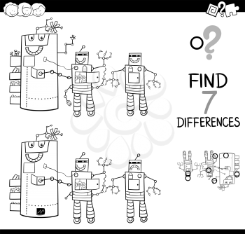 Black and White Cartoon Illustration of Finding Differences Between Pictures Educational Activity Game for Kids with Comic Robot Characters Group Coloring Book