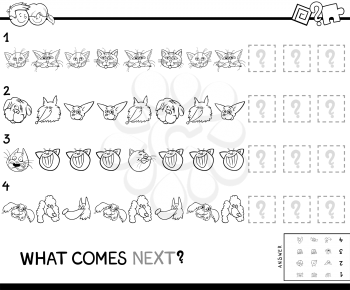 Black and White Cartoon Illustration of Completing the Pattern Educational Activity Game for Preschool Children with Cats and Dogs Animal Characters Coloring Book