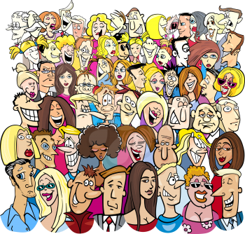 Cartoon Illustration of People Characters in the Large Crowd
