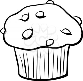 Black and White Cartoon Illustration of Sweet Muffin Cake with Chunks of Chocolate Clip Art Food Object Coloring Book
