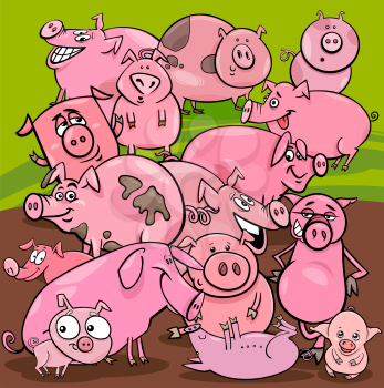 Cartoon Illustration of Pigs Farm Animal Characters Group