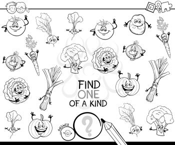 Black and White Cartoon Illustration of Find One of a Kind Educational Activity Game for Children with Vegetables Comic Characters Coloring Book