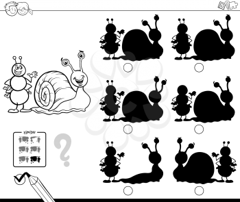 Black and White Cartoon Illustration of Finding the Shadow without Differences Educational Activity for Children with Ant and Snail Animal Characters Coloring Book