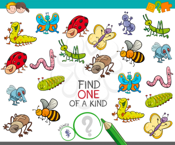 Cartoon Illustration of Find One of a Kind Educational Activity Game for Children with Insects Animal Characters