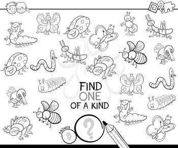 Black and White Cartoon Illustration of Find One of a Kind Educational Activity Game for Children with Insects Animal Characters Coloring Book
