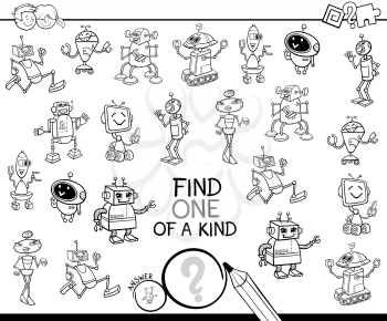 Black and White Cartoon Illustration of Find One of a Kind Educational Activity Game for Children with Robots Comic Characters Coloring Book