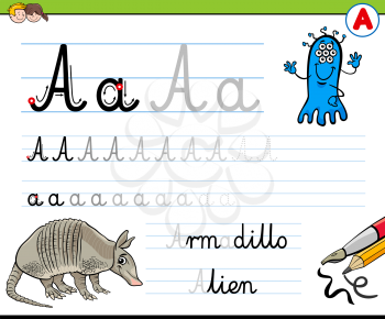Cartoon Illustration of Writing Skills Practice with Letter A Worksheet for Preschool and Elementary Age Children