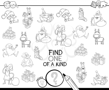 Black and White Cartoon Illustration of Find One of a Kind Educational Activity Game for Children with Santas and Christmas Characters Coloring Book