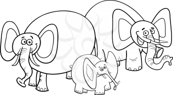 Black and White Cartoon Illustration of Cute Funny Elephants Animal Characters Group or Family Coloring Book