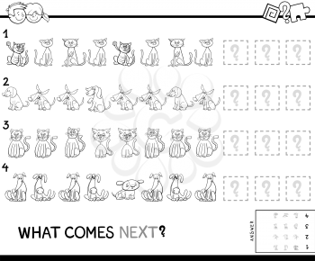 Black and White Cartoon Illustration of Completing the Pattern Educational Game for Preschool Children with Pets Animal Characters Coloring Book