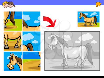Cartoon Illustration of Educational Jigsaw Puzzle Activity Game for Children with Horse or Pony Farm Animal Character