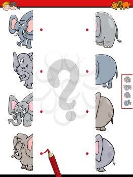 Cartoon Illustration of Educational Game of Matching Halves of Elephants Animal Characters