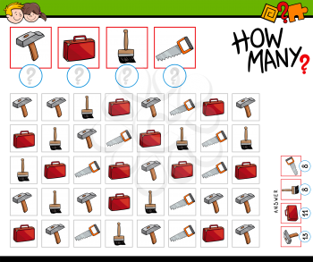 Cartoon Illustration of Educational How Many Counting Activity for Children with Tools and Objects