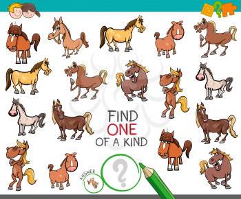 Cartoon Illustration of Find One of a Kind Picture Educational Activity Game for Children with Horses Farm Animal Characters