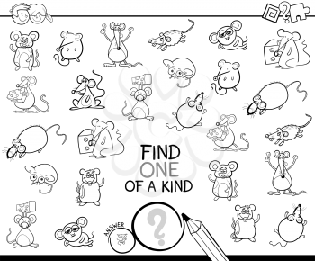 Black and White Cartoon Illustration of Find One of a Kind Picture Educational Activity Game for Children with Mouse Characters Coloring Book