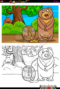 Cartoon Illustration of Bear with Barrel of Honey Coloring Book Activity