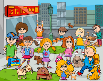 Cartoon Illustration of Kids with Dogs Characters Group in the City