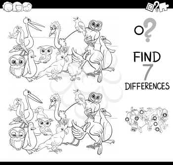 Black and White Cartoon Illustration of Finding Differences Between Pictures Educational Activity Game for Children with Birds Animal Characters Group Coloring Book